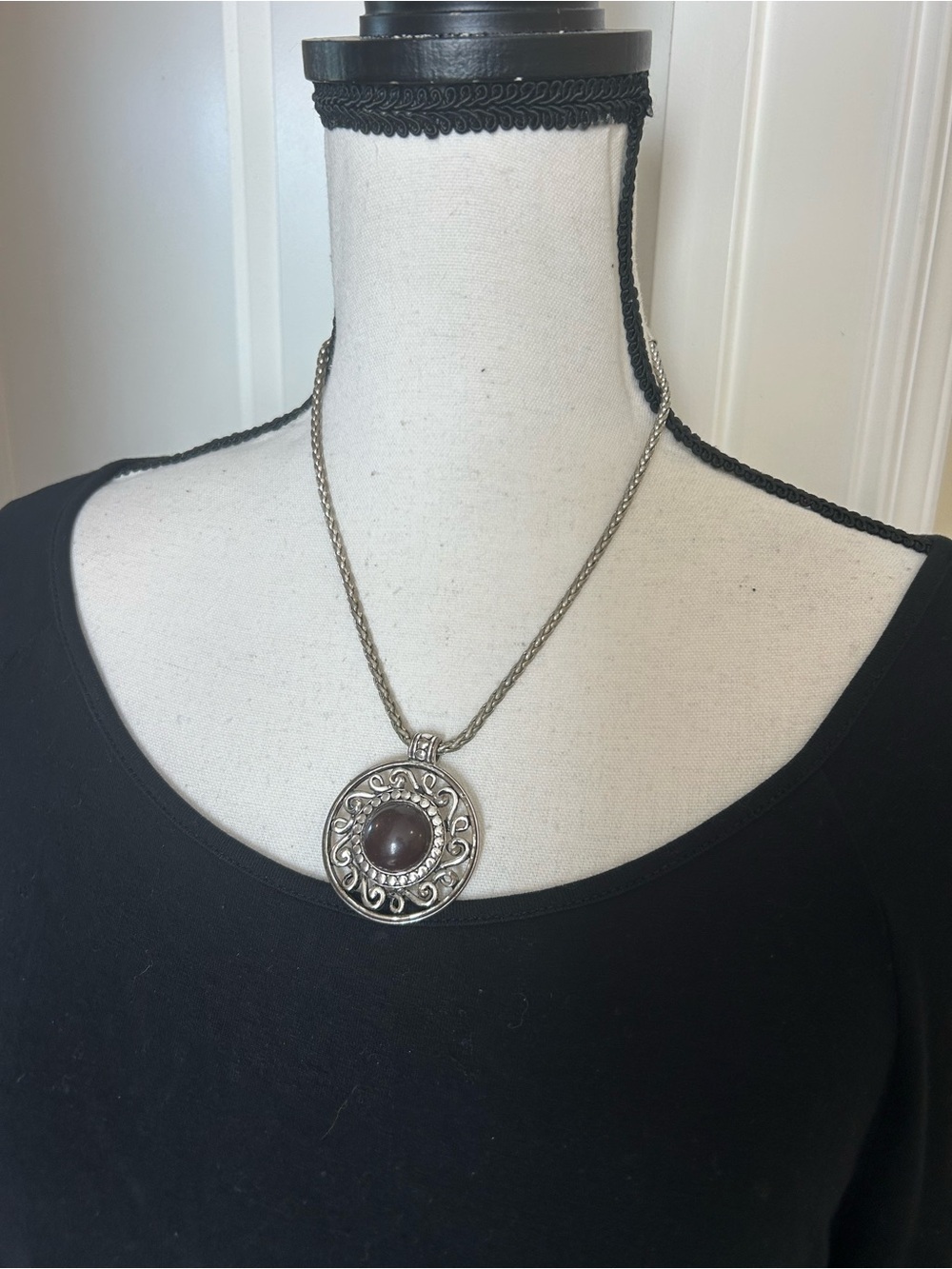Silver Tone Filigree Pendant Necklace with Brown Stone